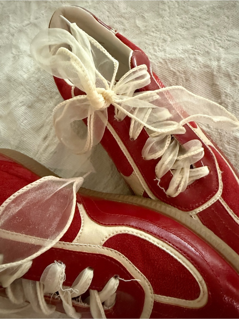 Women’s Red Casual Sneakers with Sheer Ribbon Laces